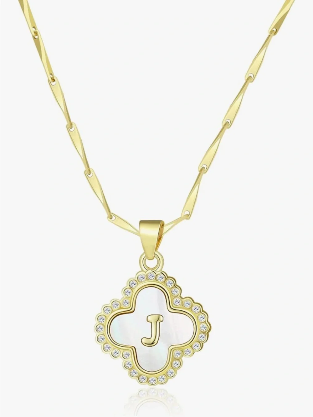 Elegant Gold Initial 'J' Mother-of-Pearl CZ Clover Pendant Seed Chain Necklace - Picture 3 of 7